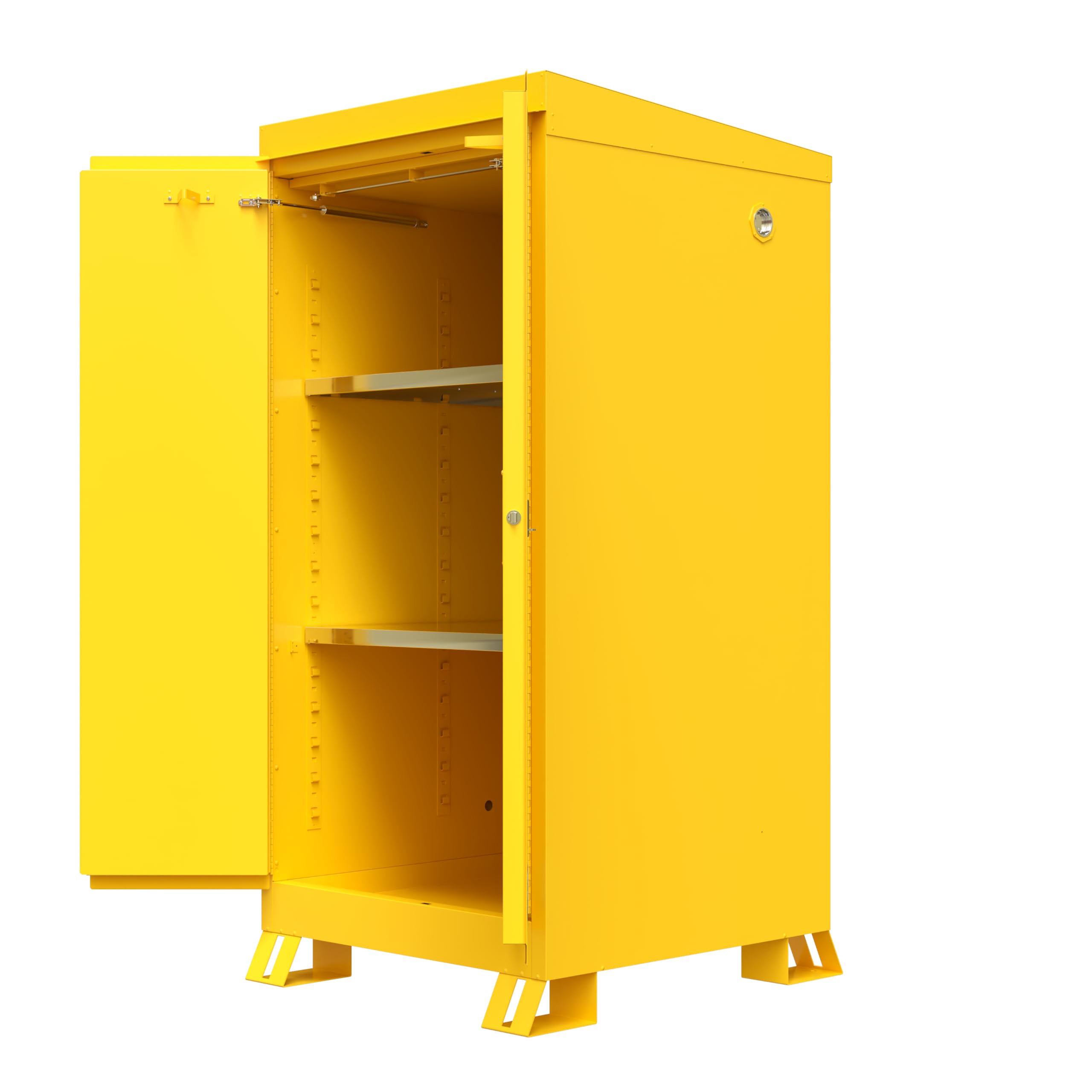 Justrite Outdoor Reinforced Steel Flammable Liquid Storage Cabinet, 2 Shelves with 350 lb. Capacity, 2 Self-Close Door Fire Cabinet, 60 Gallon, 72" x 34" x 38", Yellow, 816020