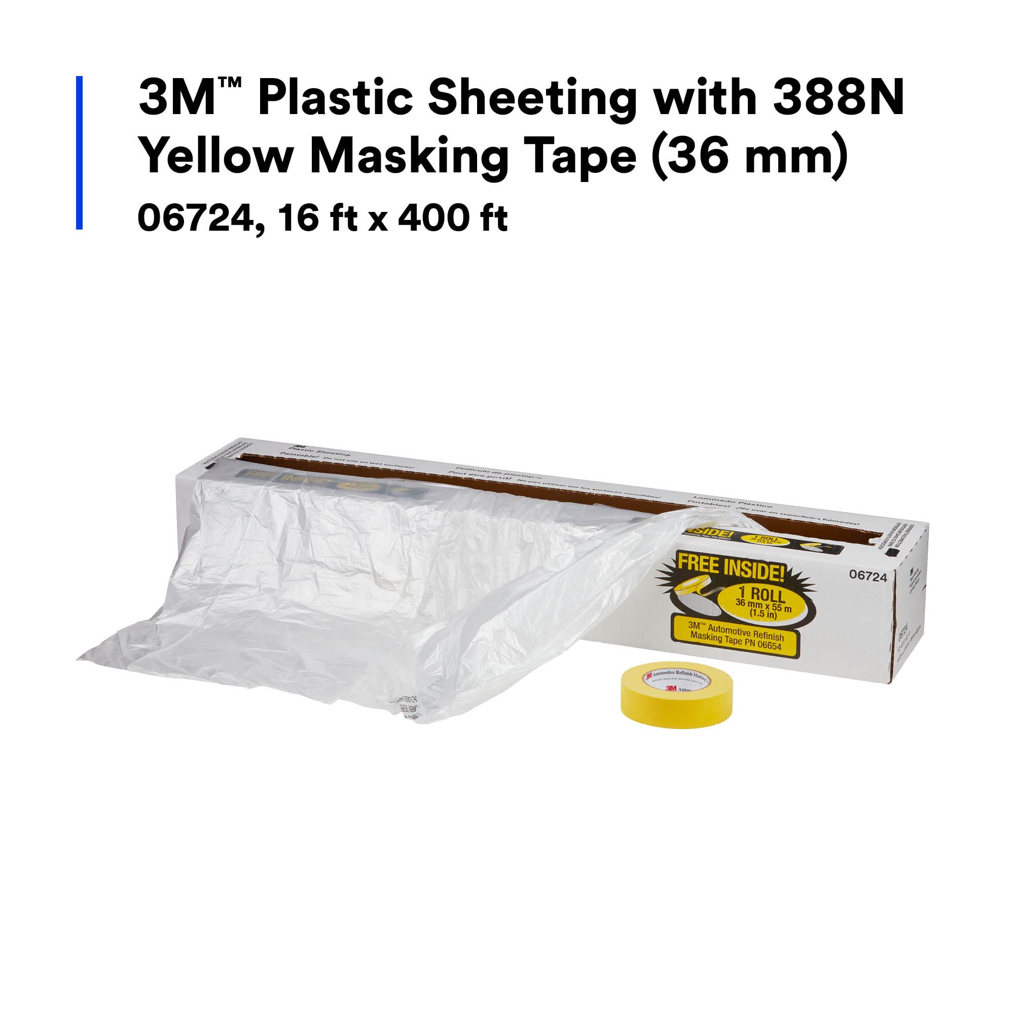 388N Yellow Masking Tape With 3M Plastic Sheeting (36 mm), 06724, Tear Resistant, Easy To Cut, Durable, 16 ft x 400 ft