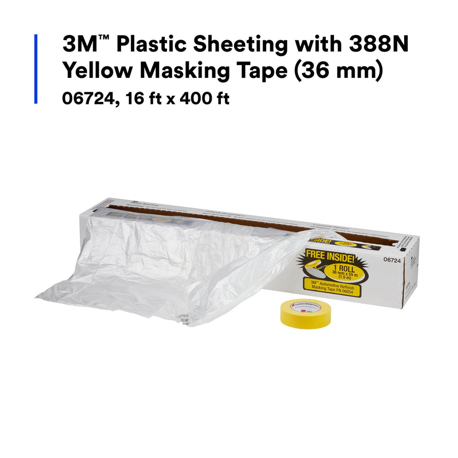 388N Yellow Masking Tape With 3M Plastic Sheeting (36 mm), 06724, Tear Resistant, Easy To Cut, Durable, 16 ft x 400 ft