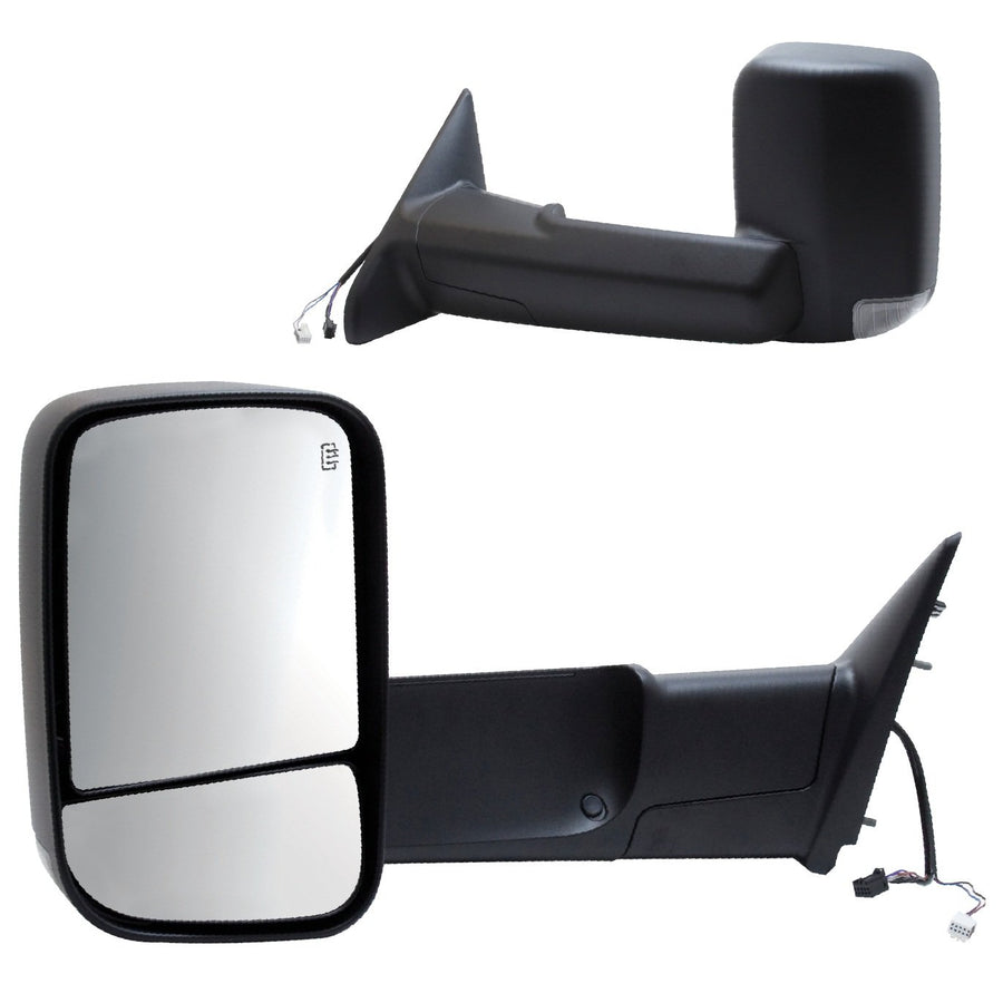 K Source Towing Mirror Pair – For 2009-2012 Ram Pick-Up 1500, 2500, 3500, Black Textured, Turn signal, Puddle lamp, Flip-out-head, Dual lens, Foldaway, Driver & Passenger Side Pair (L&R)