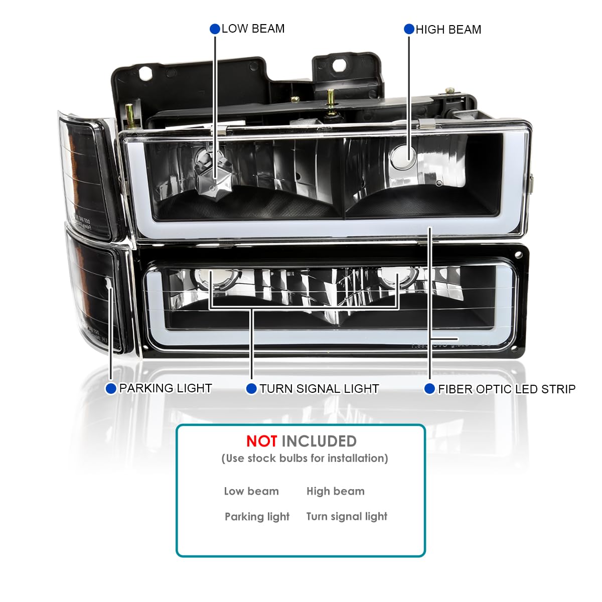 Black Headlights + Bumper Lights + Corner Lights w/LED Tube SPEC-D TUNING Compatible with 1994-1998 Chevy C10 C/K 1500/2500/3500, Left + Right Pair Headlamps Assembly