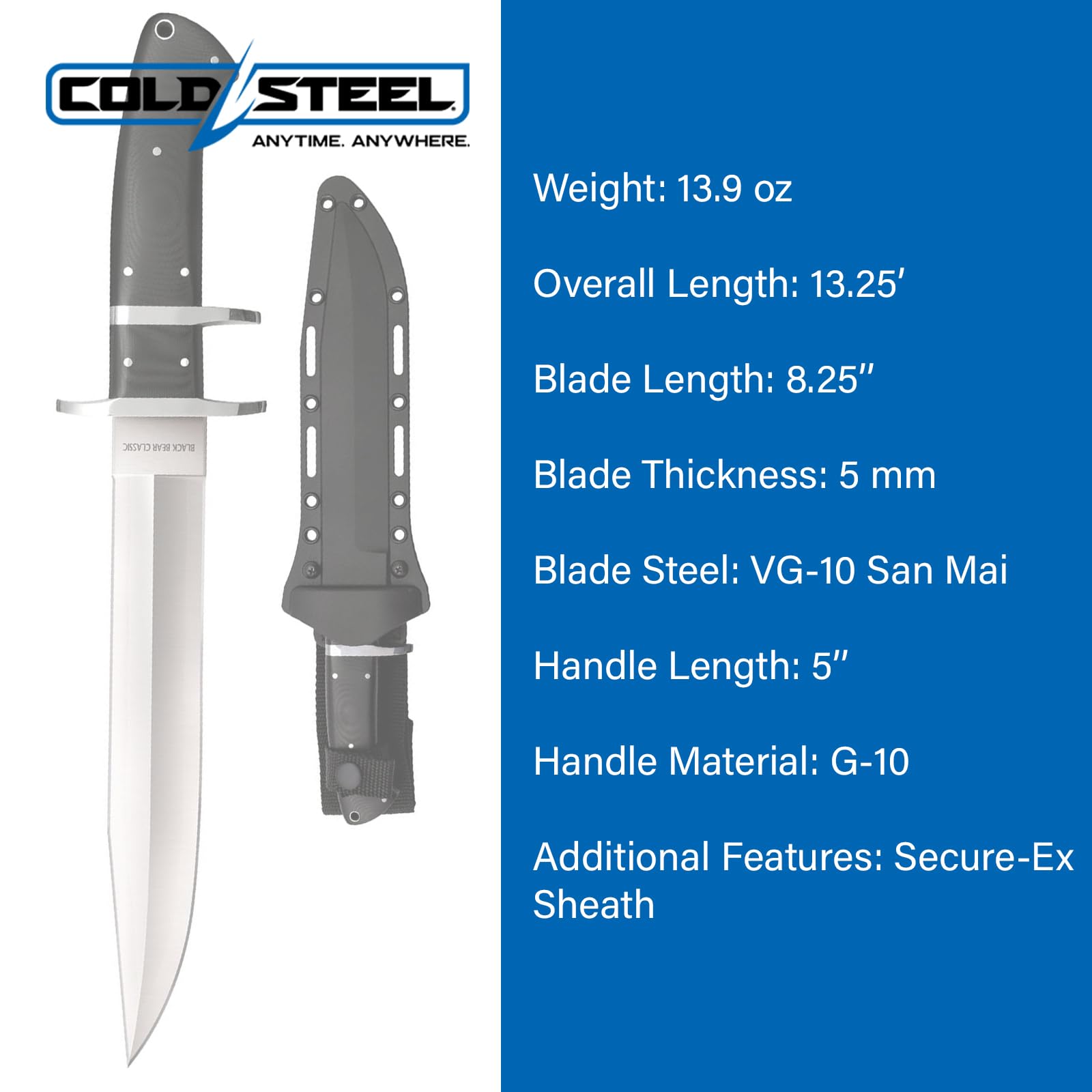 Cold Steel 8.25" Black Bear Classic VG-10 San Mai III Clip-Point Blade 5" G-10 Handle Fixed Blade Knife w/Secure-Ex Sheath