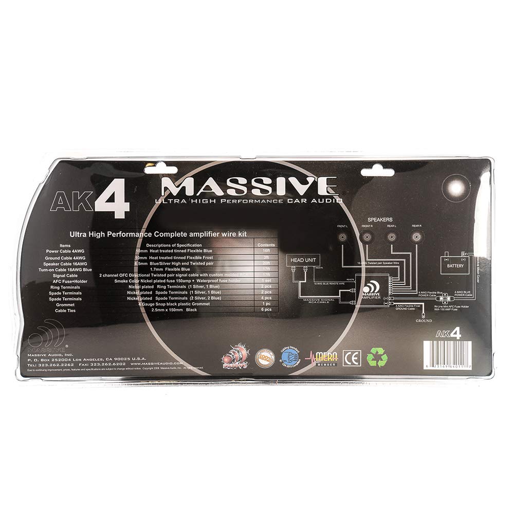 4 AWG Massive Audio AK4 | Amplifier Installation Wiring Kit - Premium Power & Ground Cables with Fuse Holder for Car Audio Systems