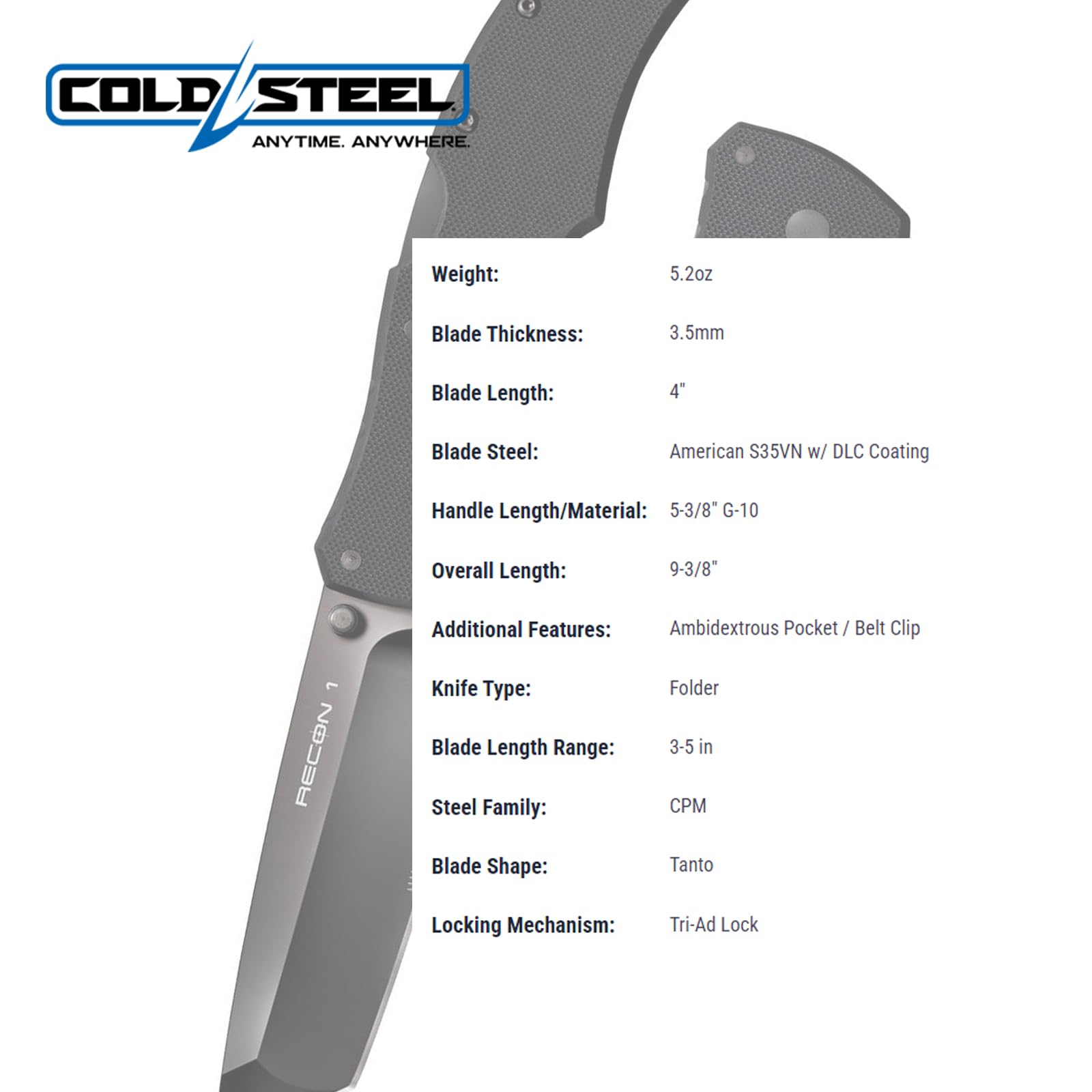 Recon 1 Series Cold Steel Tactical Folding Knife with Tri-Ad Lock and Pocket Clip - Made with Premium CPM-S35VN Steel, Tanto Half Serrated