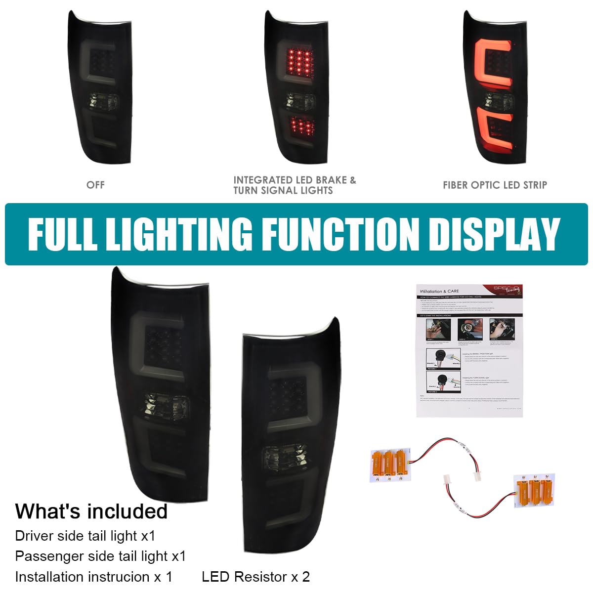 Glossy Black Smoke Tail Lights w/LED Bar SPEC-D TUNING Compatible with 2009-2014 Ford F150, Left + Right Pair Assembly