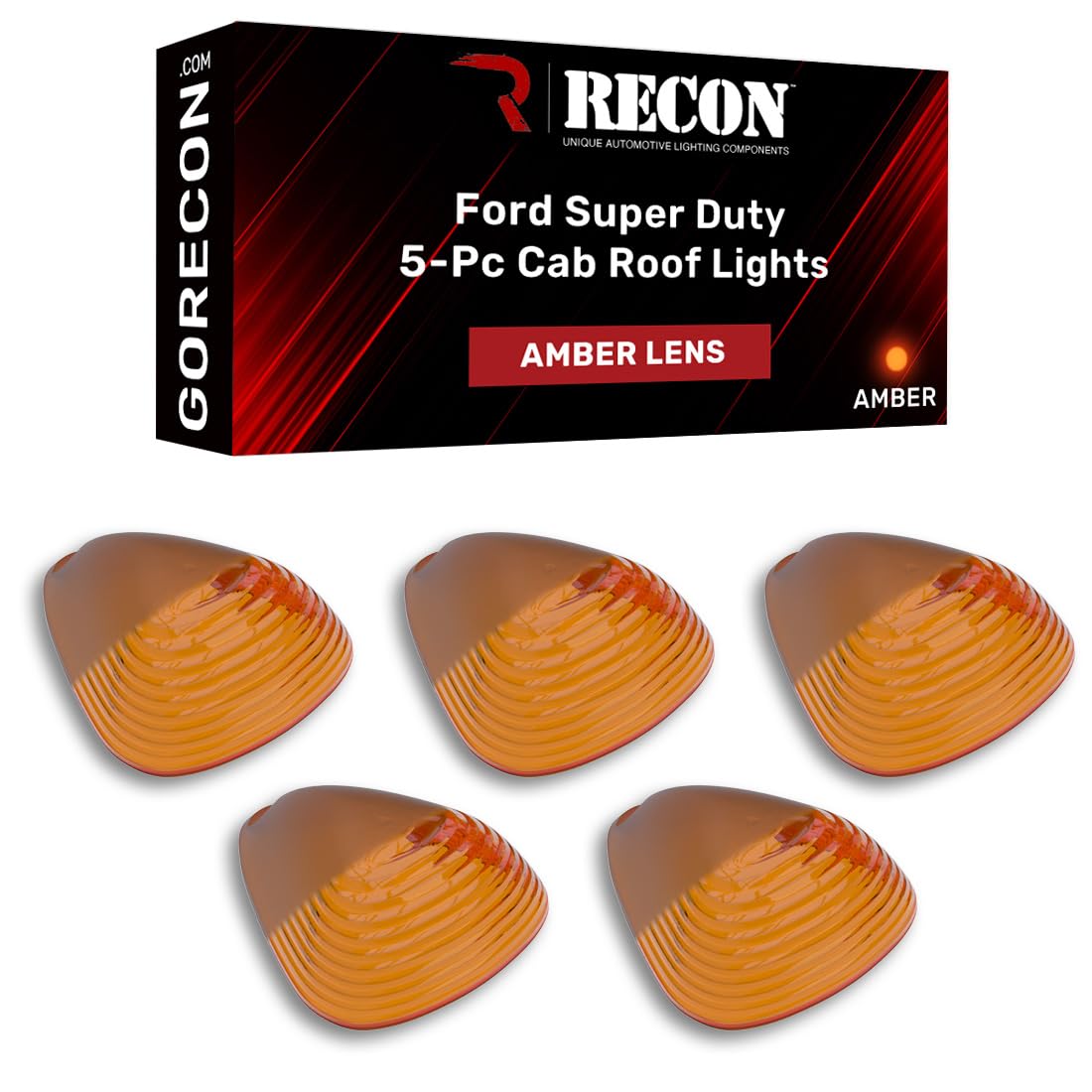 RECON - 5-Pc Cab Lights Lenses Fits 1999-2016 Super Duty Amber Xenon Bulbs with Amber Lens (Replaces Factory/OEM Cab Lenses)