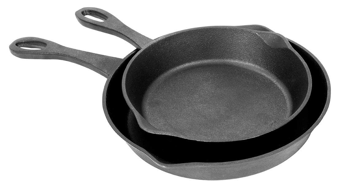 Bayou Classic 7457 Cast Iron Skillet Set 8-in and 10-in w/Pour Spouts Perfect For Breakfast Pan Frying Sautéing and Baking