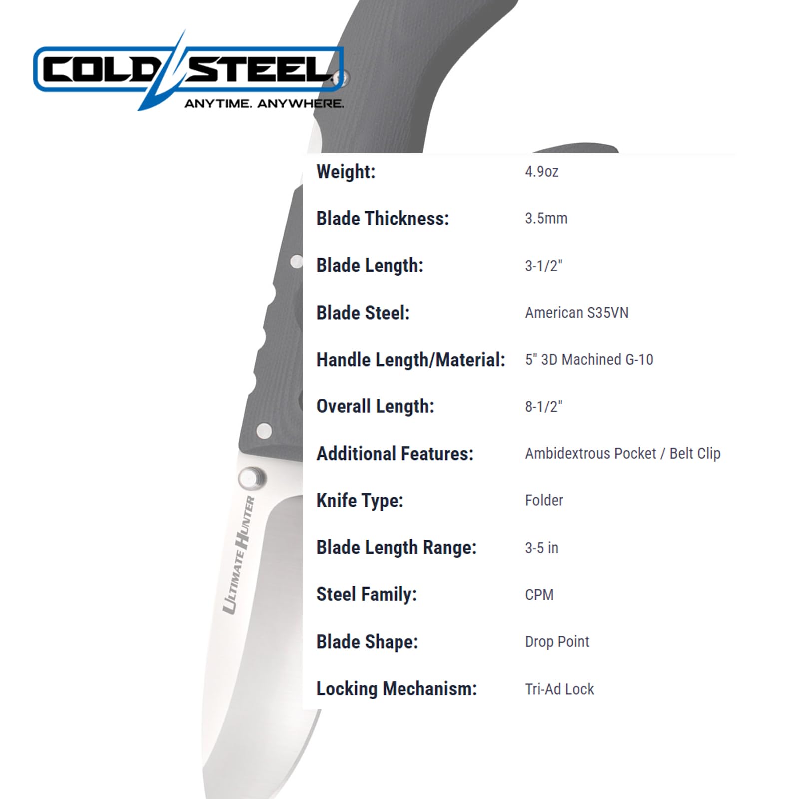 Cold Steel 3.5" Ultimate Hunter S35VN Razor-Sharp Blade 5" G-10 Easy-to-Grip Orange Handle Hunting Folding Knife with Tri-Ad Locking Mechanism