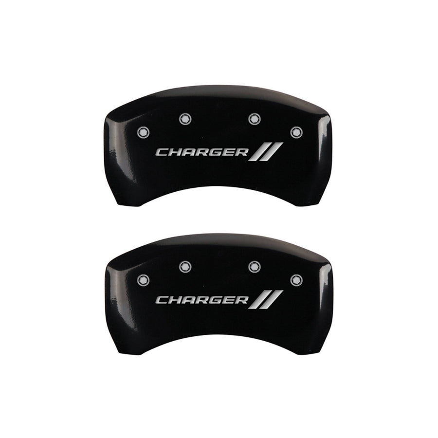 Brake Caliper Covers for 2011-2023 Dodge Challenger & 2011-2023 Dodge Charger - MGP Caliper Covers (Requires Dual Piston Front Caliper) Front and Rear Set - Engraved CHARGER // Logo (Black)