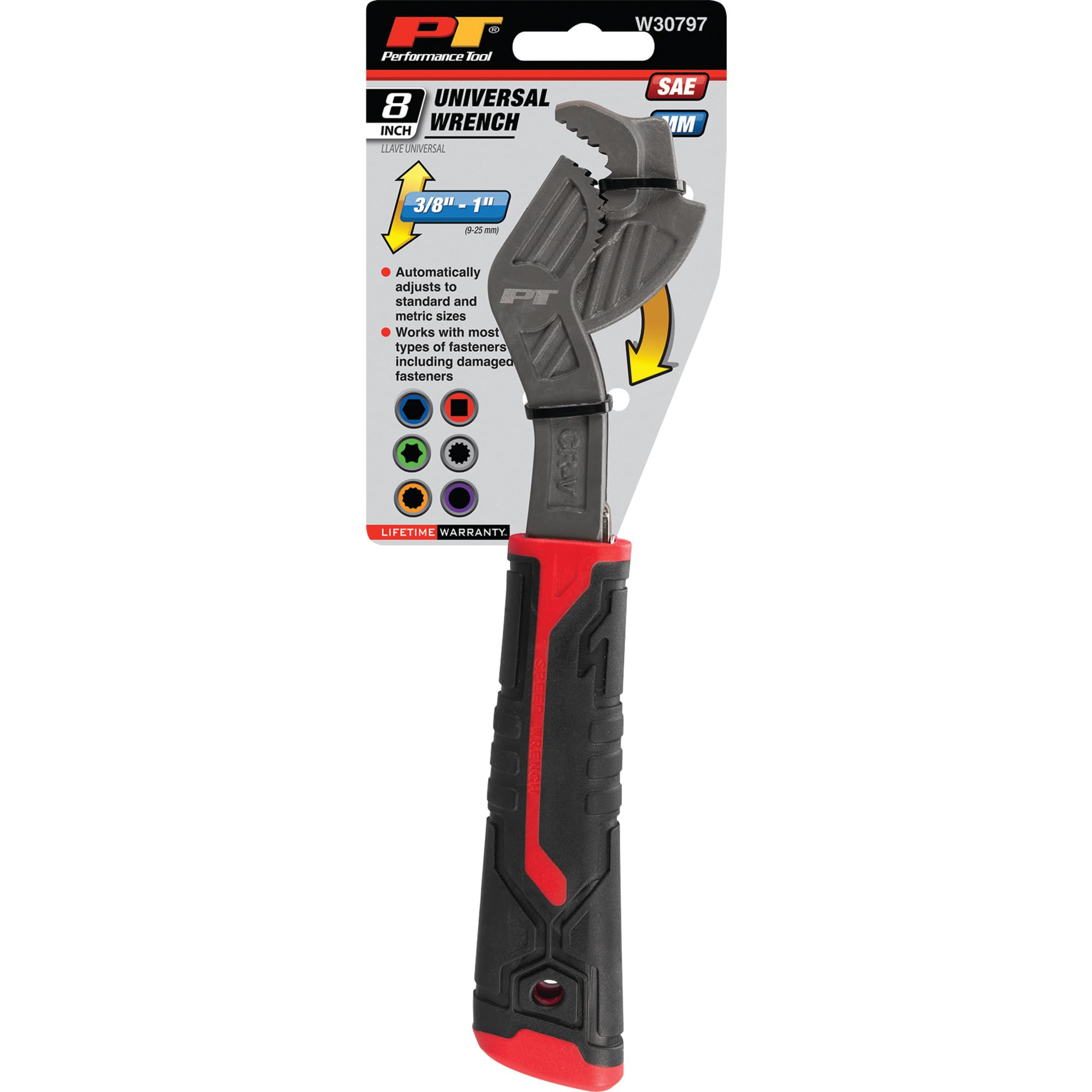 8 In. Performance Tool W30797 Universal Wrench, Drop-Forged Chrome Vanadium, Ratcheting Action, Spring-Loaded, TPR Handle
