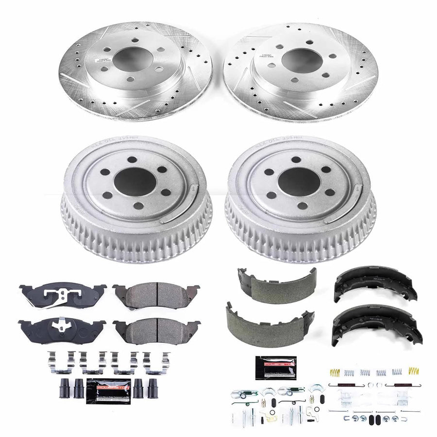 Power Stop K15070DK Z23 Carbon Fiber Brake Pads Front and Rear with Drilled & Slotted Brake Drums Kit For Dodge Dakota 1997-1998 [Model Specific]