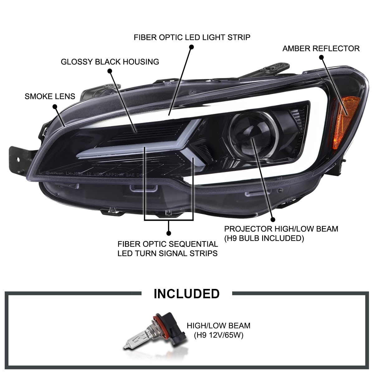 Glossy Black Smoke SPEC-D TUNING Projector Headlights w/Sequential LED Turn Signal Compatible with 2015-2021 Subaru WRX STI with Halogen Headlights, L + R Pair Headlamp Assembly