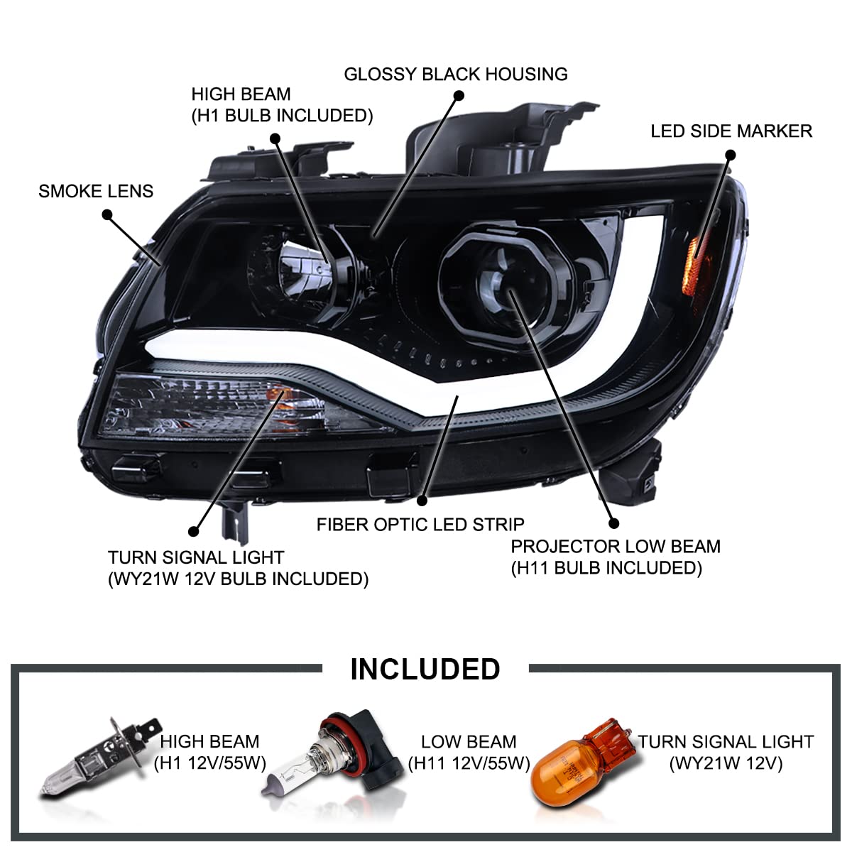 Glossy Black Smoke SPEC-D TUNING LED Light Bar Projector Headlights Compatible with 2015-2022 Chevy Colorado, Left + Right Pair Headlamps Assembly