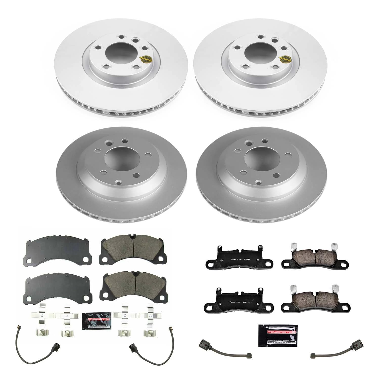 Power Stop Z23 CRK8516 Front and Rear Coated Rotor Kit-Coated Brake Rotors, Carbon Ceramic Pads and 2 Front & 2 Rear Sensor Wires For Porsche Cayenne 2013-2018 [Model Specific]