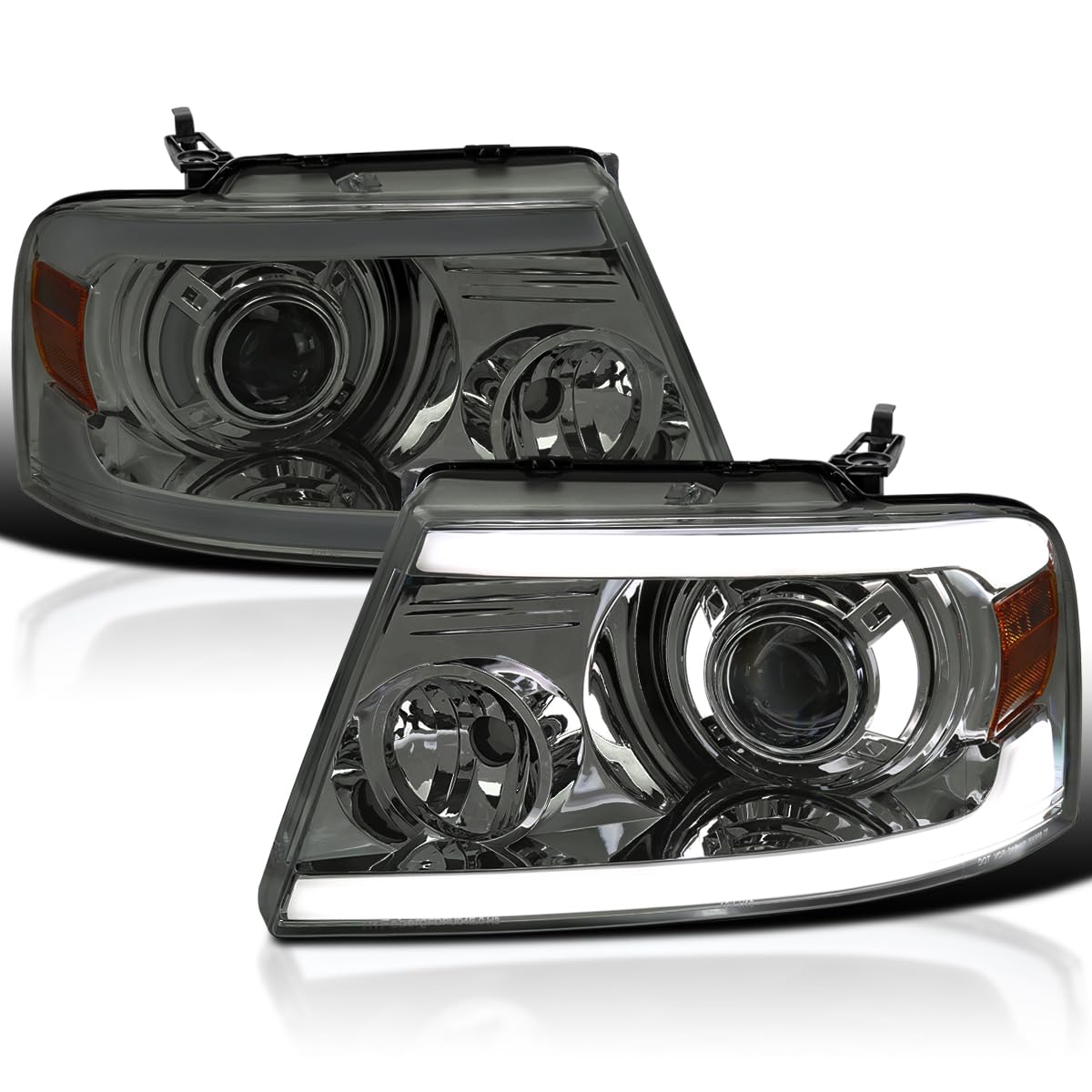 Smoke LED Tube Bar Projector Headlights Spec-D Tuning Compatible with 2004-2008 Ford F-150, 2006-2008 Lincoln Mark LT, Left + Right Pair Headlamps Assembly