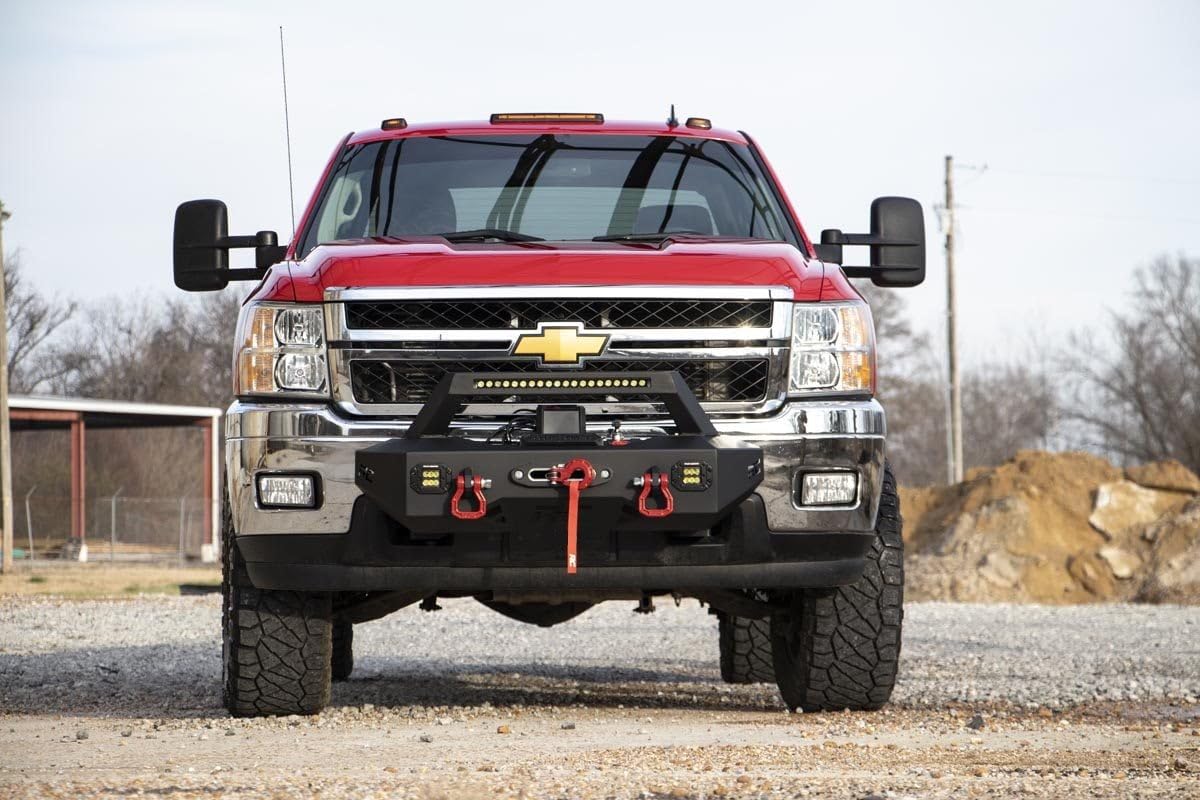 Rough Country Winch Mount System EXO for Chevy Silverado 2500HD/3500HD (2011-2019) - Includes 20-in LED Light Bar, Dual 2-in LED Cubes, D-Rings