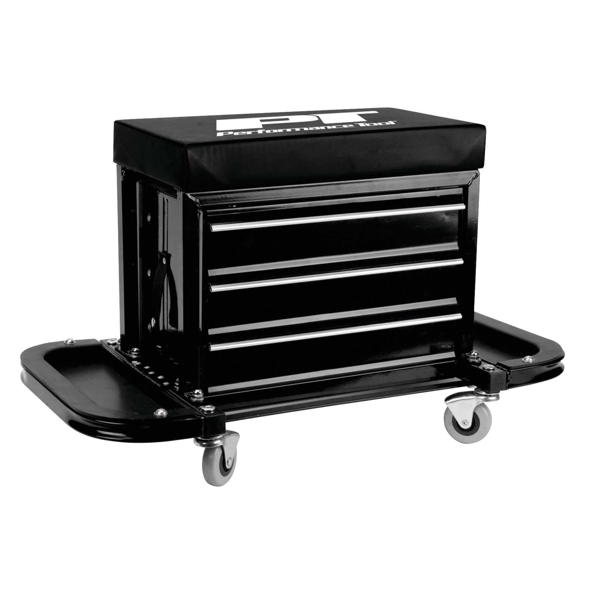 3-Drawer Performance Tool W85025 Rolling Tool Chest Seat With Magnetic Side Trays, Black