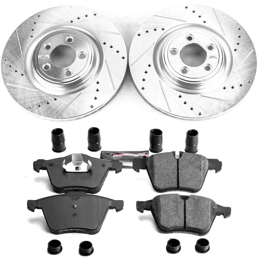 Power Stop K5638 Front Brake Pads Z23 Carbon Fiber with Drilled & Slotted Brake Rotors Kit For Jaguar S-Type, Jaguar Super V8, Jaguar, Jaguar XJR, Jaguar XKR [Model Specific]