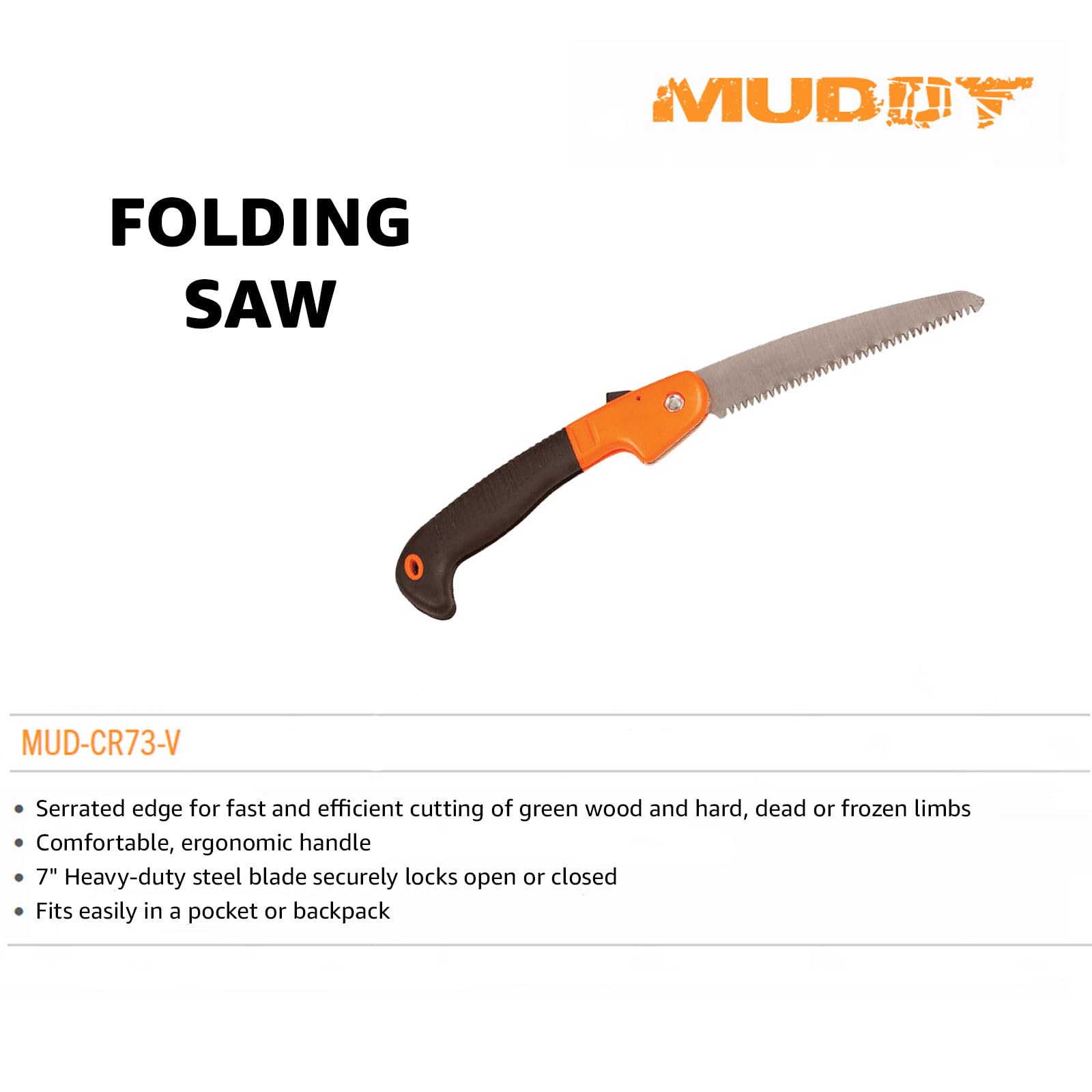 Folding Muddy Saw - 7-inch Serrated Steel Blade Compact Durable Lightweight Portable Versatile Outdoor Hunting Hiking Handsaw with Ergonomic Handle & Secure Locking Mechanism