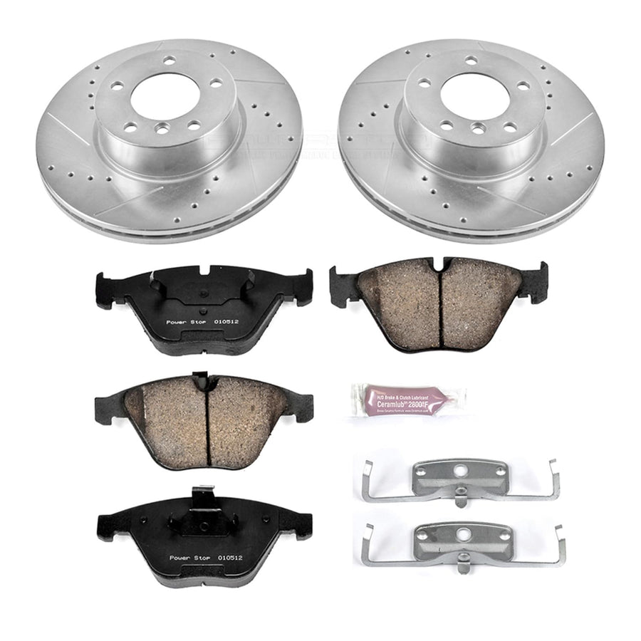 Power Stop K6073 Z23 Carbon Fiber Brake Pads Front with Drilled & Slotted Brake Rotors Kit and 1 Front Sensor Wire For BMW 328i xDrive 2011-2013, BMW X1 2013-2015 [Model Specific]