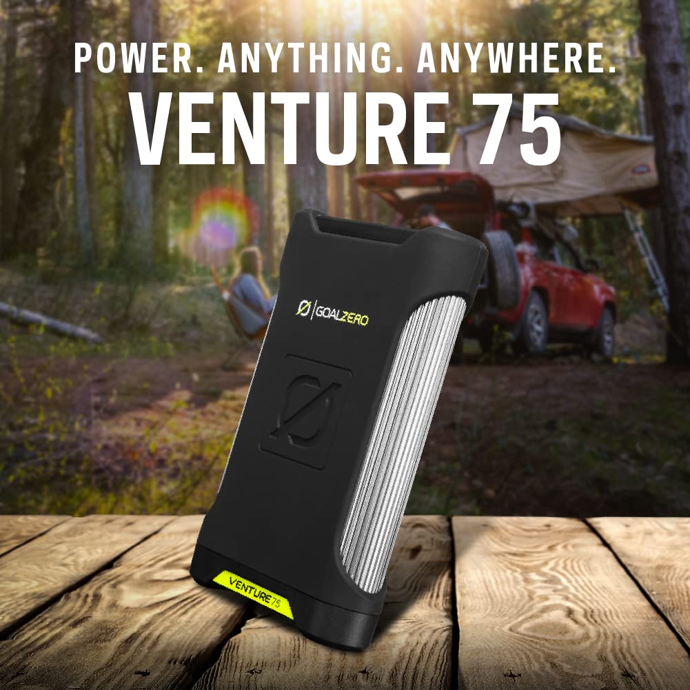 Venture 75 Goal Zero Portable Charger Power Bank 19200mAH 60W USB-C Power Delivery Port, 2 USB Outputs IP67 Rating 50 Lumens Flashlight