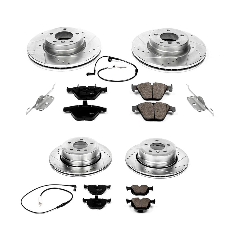 Power Stop K5440 Z23 Carbon Fiber Brake Pads Front and Rear with Drilled & Slotted Brake Rotors Kit and 1 Front & 1 Rear Sensor Wires For BMW 530xi, BMW 535i xDrive, BMW 5 [Model Specific]