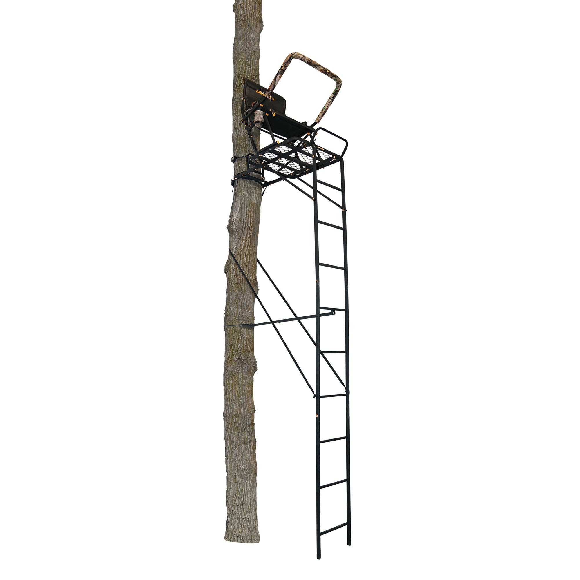Muddy 1.5 Boss Hawg Deer Hunting Ladderstand, 17 Foot 1 Person Climbing Tree Stand with Lumbar Seat and Expanded D-Force Metal Platform