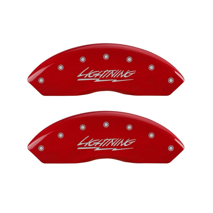 SET OF 4 CALIPER COVERS, LIGHTNING, FRONT AND REAR: RED, SILVER CHARACTERS