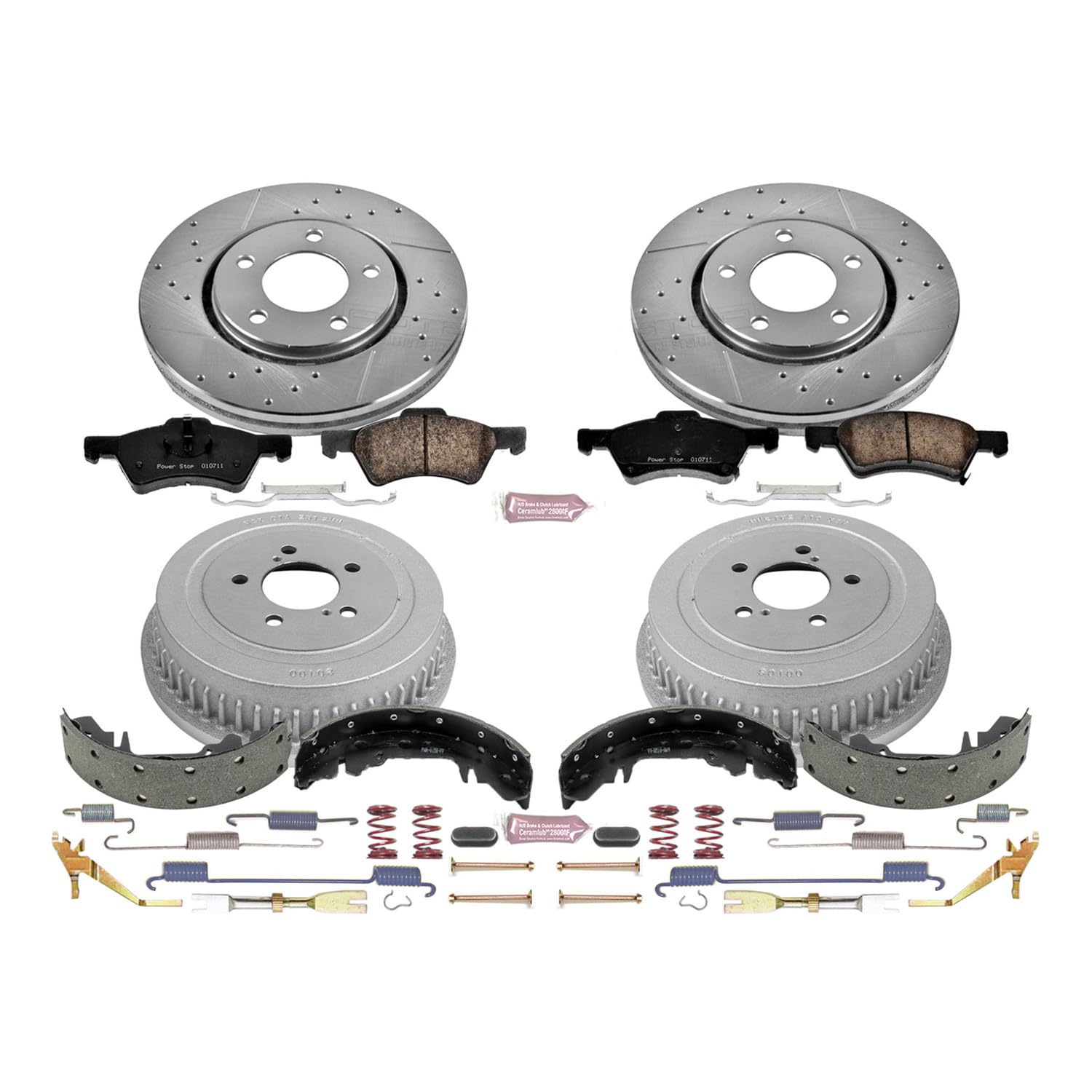Power Stop K15014DK Z23 Carbon Fiber Brake Pads Front and Rear with Drilled & Slotted Brake Drums Kit For Dodge Caravan 2003-2004 [Model Specific]