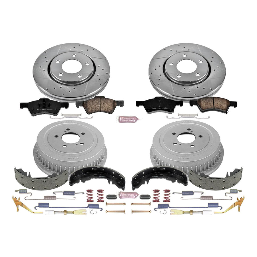 Power Stop K15014DK Z23 Carbon Fiber Brake Pads Front and Rear with Drilled & Slotted Brake Drums Kit For Dodge Caravan 2003-2004 [Model Specific]