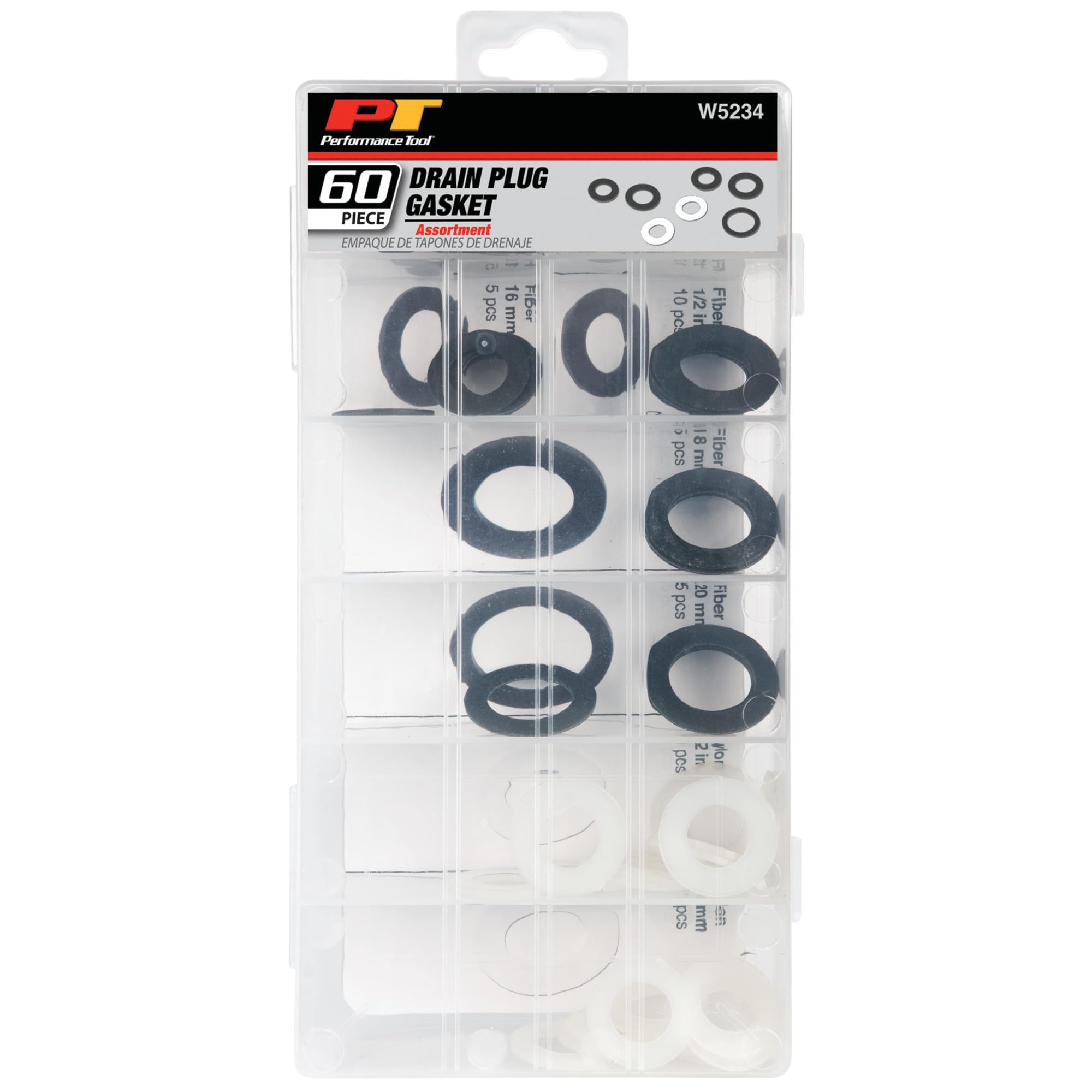 W5234 Performance Tool 60pc General Purpose Oil Drain Plug Gasket Kit - Nylon and Fiber Gaskets Included (1/2in, 12mm, 14mm, 16mm, 18mm, 20mm)