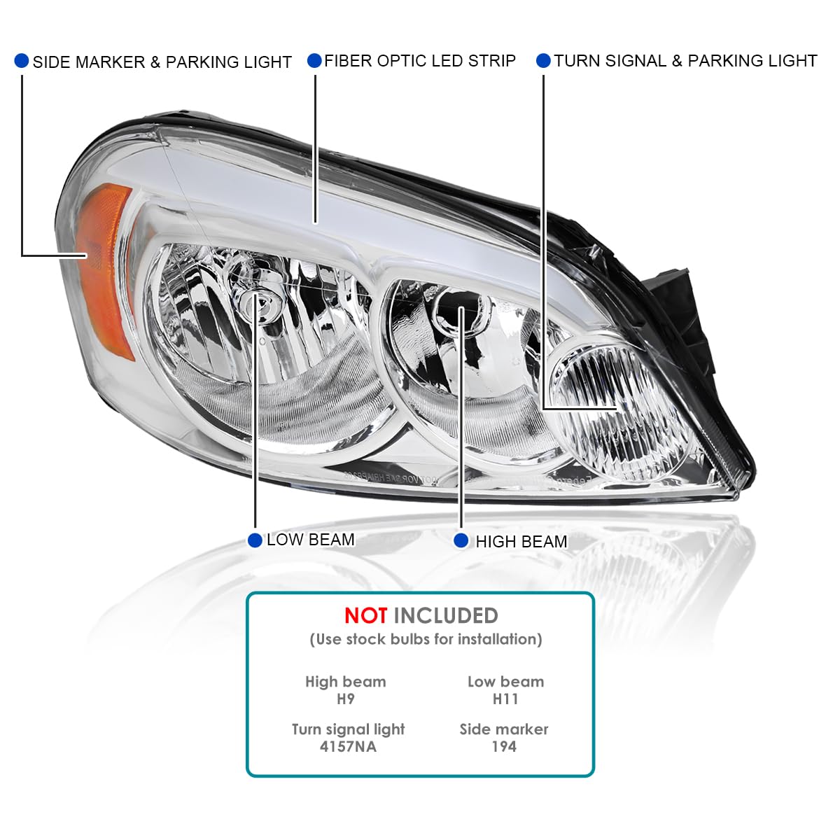 Chrome Headlights SPEC-D TUNING w/LED Strip Compatible with 2006-2013 Chevy Impala, 2006-2007 Monte Carlo, Left + Right Pair Headlamps Assembly