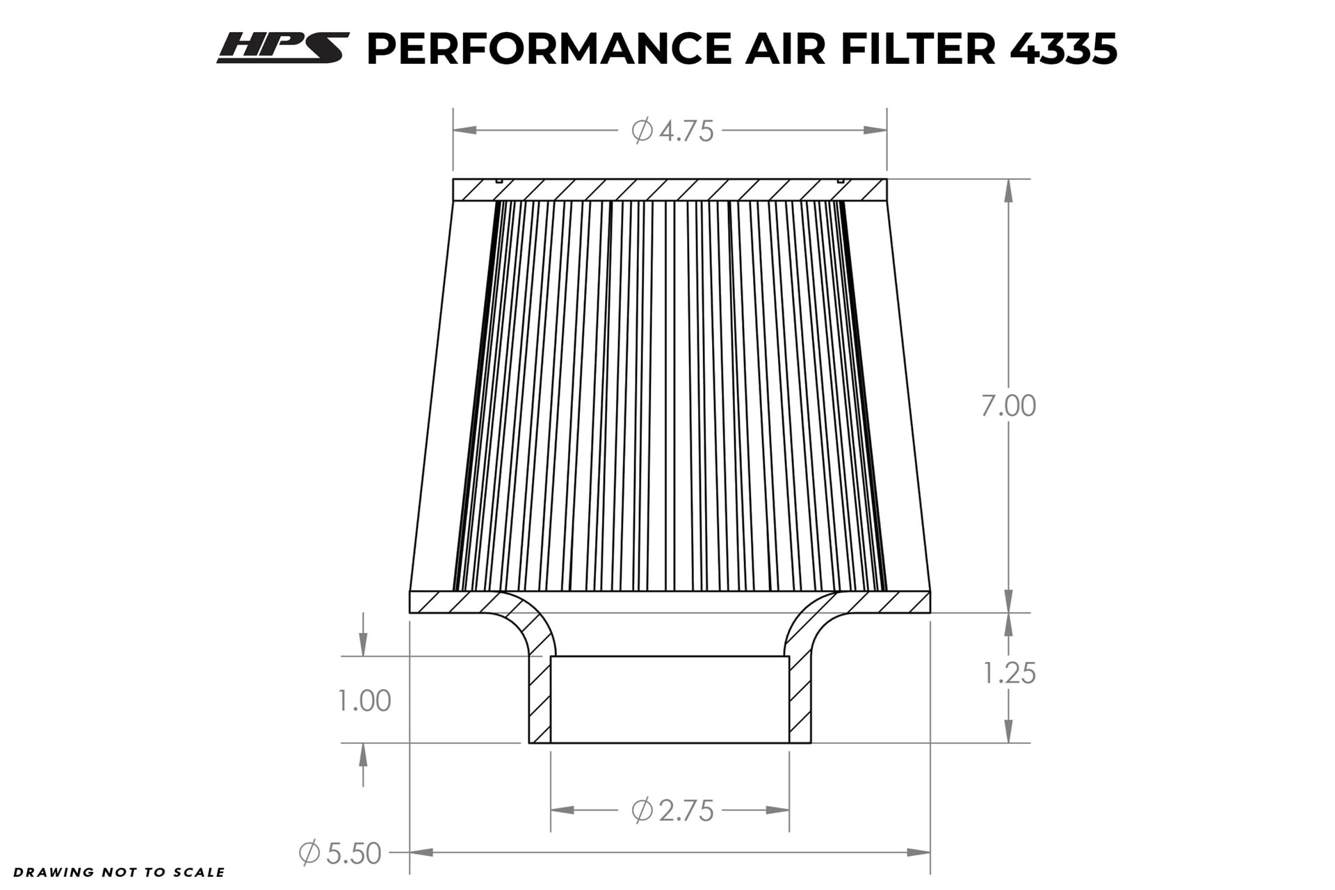 HPS 2.75" ID Performance Air Filter, 7" Element Length, 8.25" Overall Length, Gray, HPS-4335