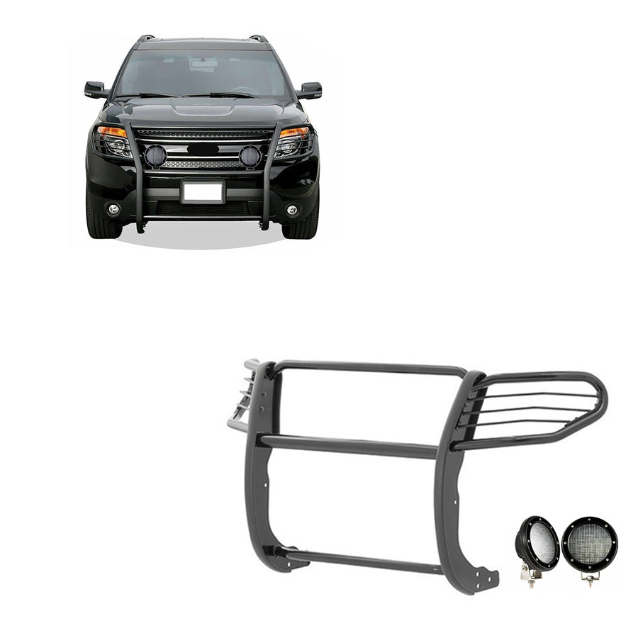 Bumper Guard Black Horse Grille Brush Modular Black Come with Pair of 5.3" Dia.LED Lights with Black Trim Rings Compatible with 2016-2019 Ford Explorer-17FJ30MA-PLFB