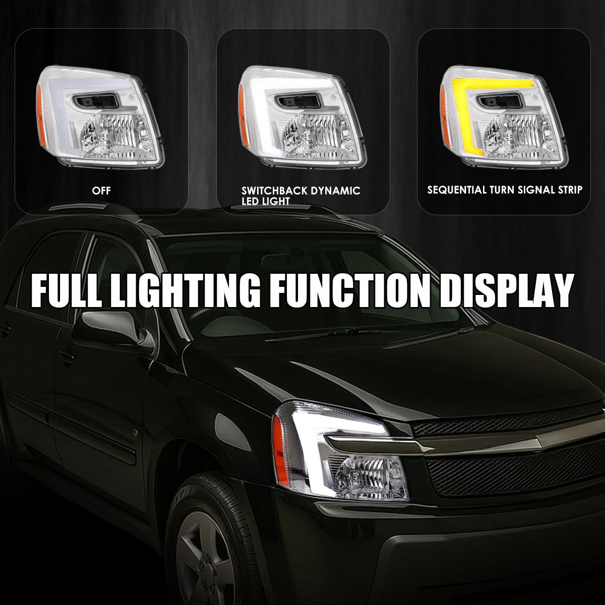 LED Tube Headlights SPEC-D TUNING w/Sequential Turn Signal and Startup Animation Compatible with 2005-2009 Chevy Equinox Left + Right Assembly