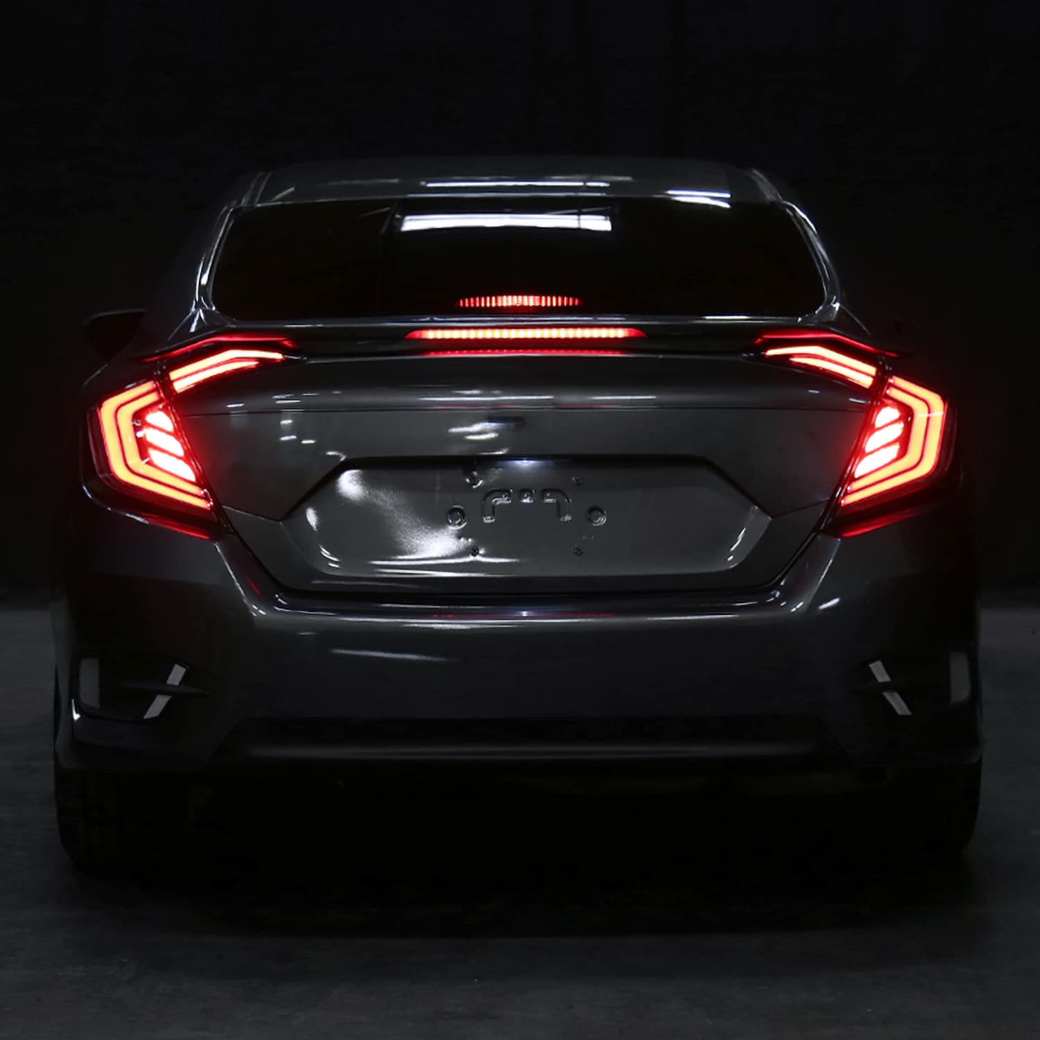 Glossy Black Smoke SPEC-D TUNING Tail Lights w/Red LED Bars, Sequential LED Turn Signal, and Startup Animation Compatible with 2016-2021 Honda Civic 4-Door Sedan, Left + Right Pair Assembly