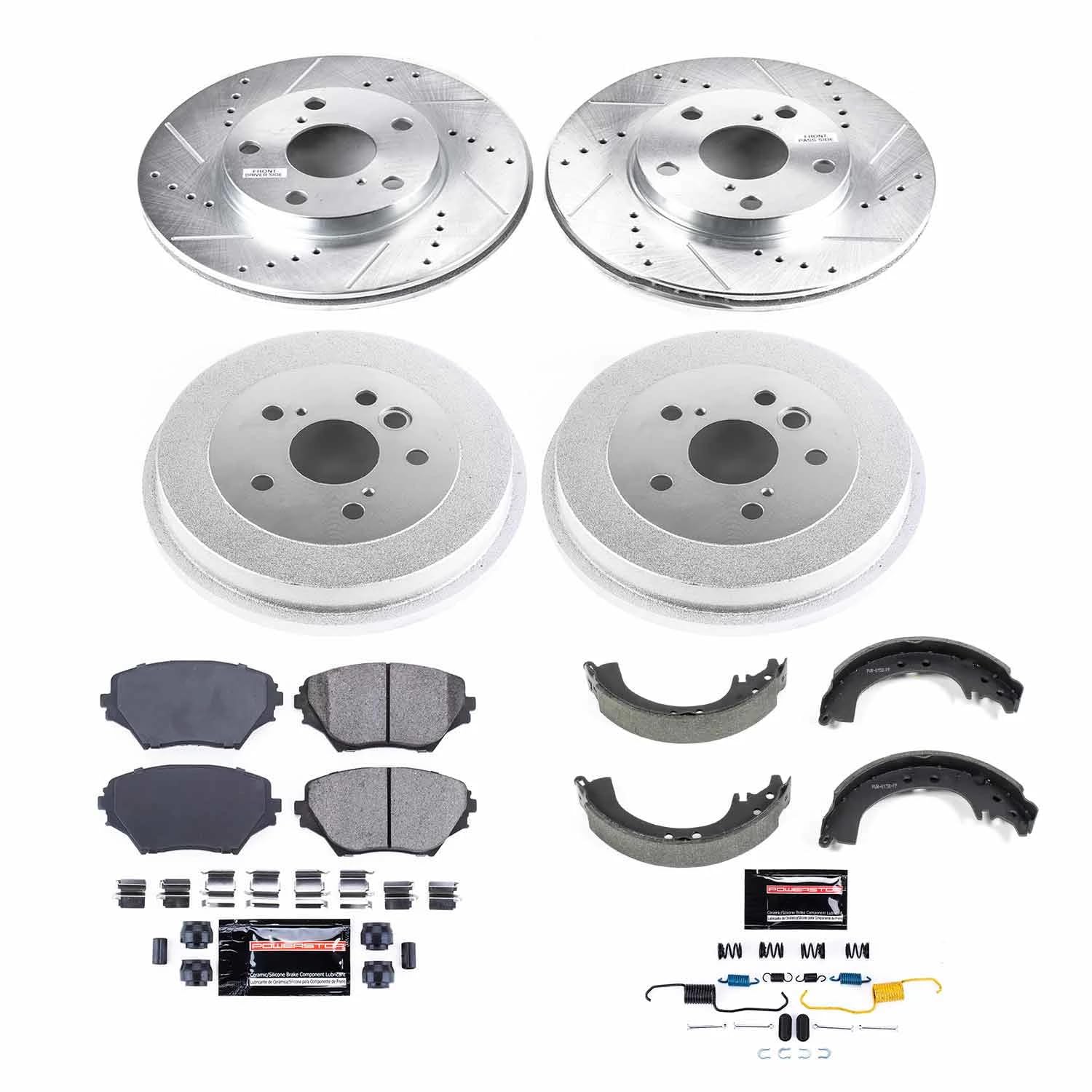 Power Stop K15063DK Z23 Carbon Fiber Brake Pads Front and Rear with Drilled & Slotted Brake Drums Kit For Toyota RAV4 2001-2002 [Model Specific]