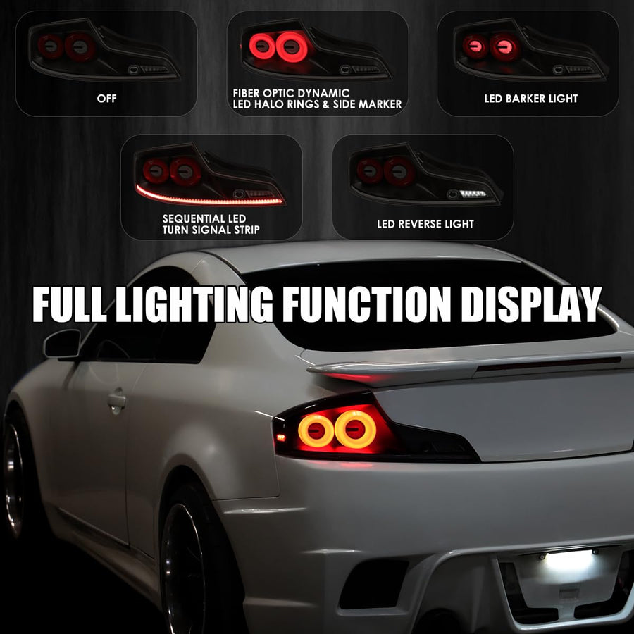 Black Smoke SPEC-D TUNING Full LED Tail Lights w/Red Fiber Optic Halo Ring, Sequential Turn Signal, and Startup Animation Compatible with 2003-2007 Infiniti G35, Left + Right Pair Assembly