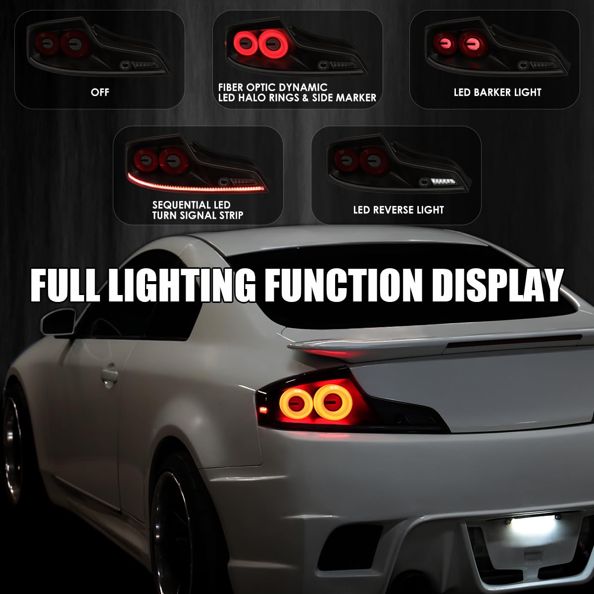 Black Smoke SPEC-D TUNING Full LED Tail Lights w/Red Fiber Optic Halo Ring, Sequential Turn Signal, and Startup Animation Compatible with 2003-2007 Infiniti G35, Left + Right Pair Assembly