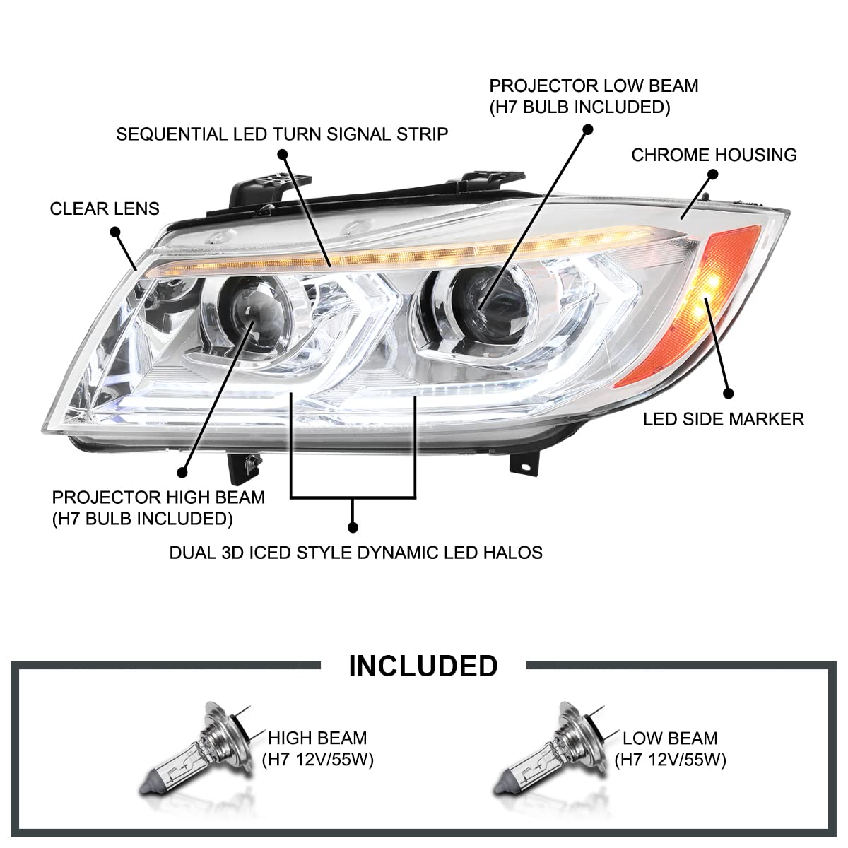 Dual Projector SPEC-D TUNING Chrome Headlights with 3D LED Tube and Startup Animation Compatible with 2006-2011 BMW 3-Series E90 Sedan/E91 Wagon, Left + Right Pair Headlamps Assembly