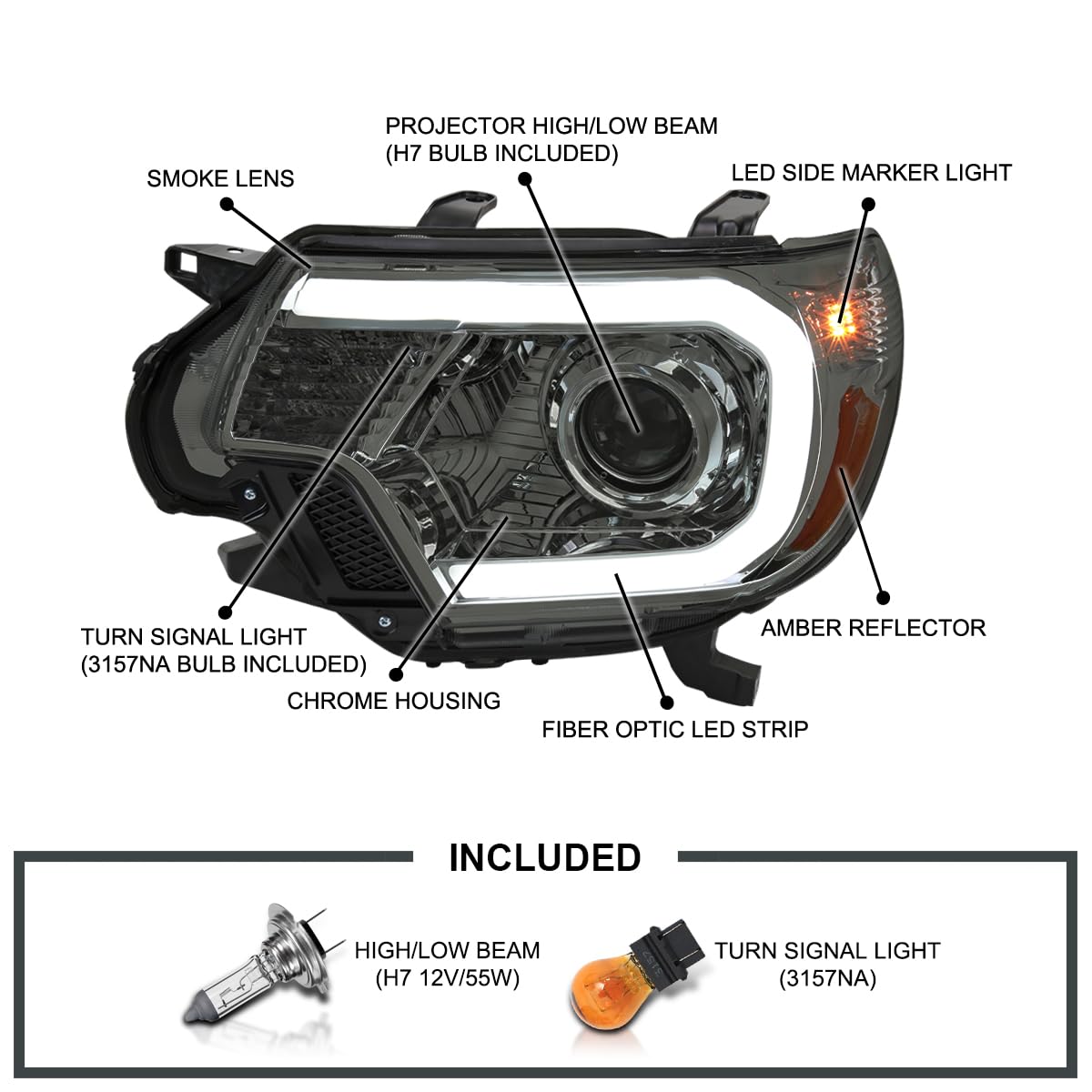 Smoke Spec-D Tuning Projector Headlights w/LED Bar Compatible with 2012-2015 Toyota Tacoma, Left + Right Head Lights Assembly