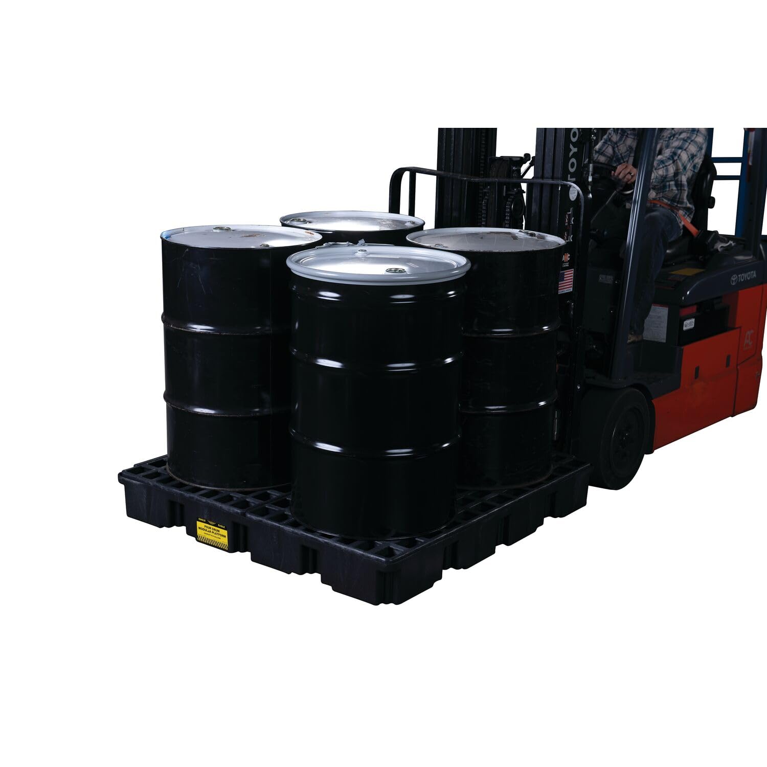 4 Drum Eagle Square Spill Platform with Forklift Pockets, 51.5"x51.5"x6.5", 60.5 Gallon Sump, 10,000 lbs. Load Capacity Containment Tray, Made in USA, Black, 1635B
