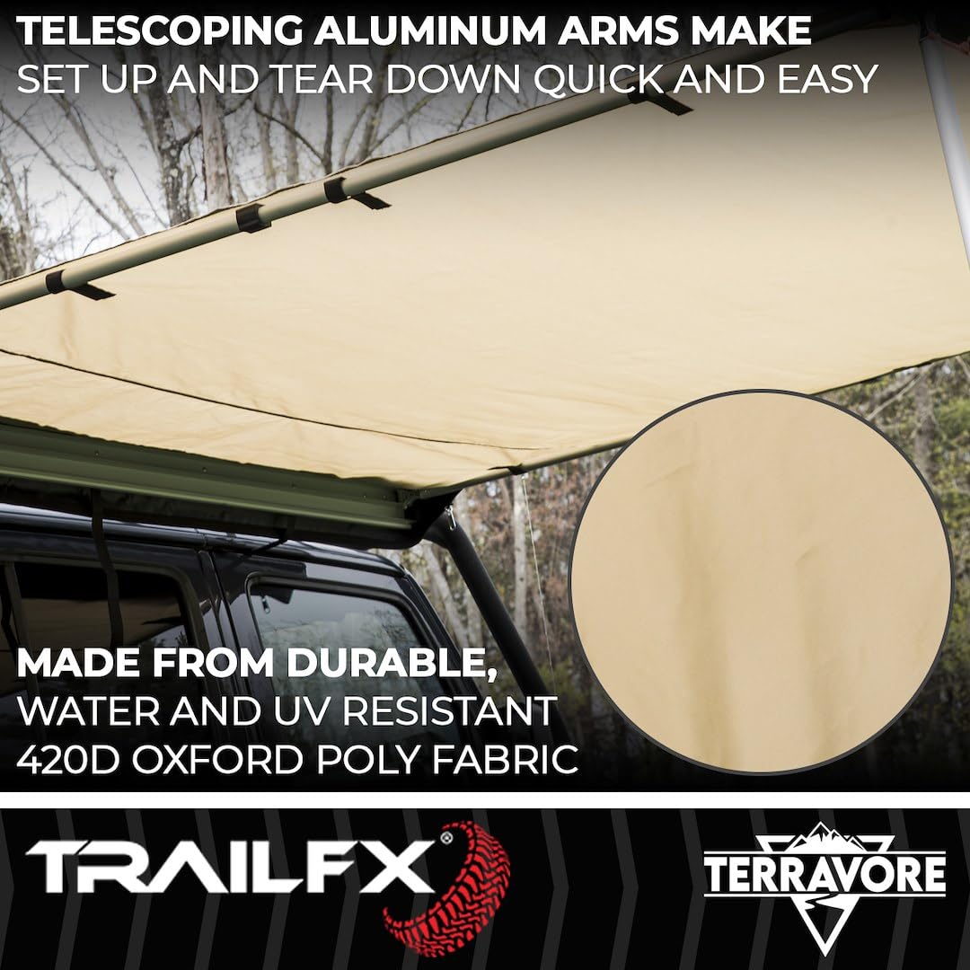 Terravore TrailFX Roof Rack Mounted Awning 6.5 Foot Length x 8 Foot Extension Manual Tan 420D Oxford Polyester Canopy with Black Weather Cover Aluminum Frame and Poles AWN002