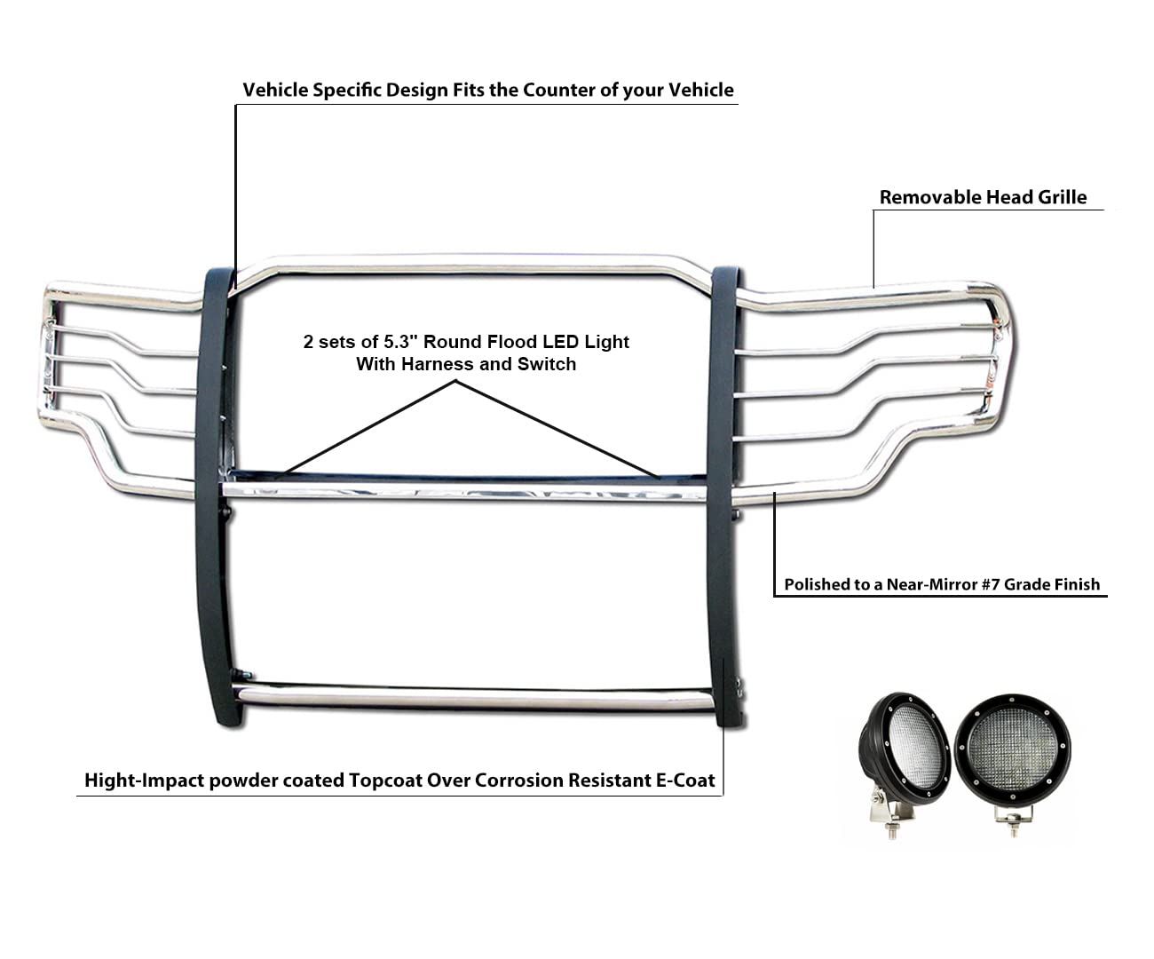 Bumper Guard Black Horse Grille Brush Modular Stainless Steel Come with Pair of 5.3" Dia.LED Lights with Black Trim Rings Compatible with 2009-2014 Ford F-150-17FP30MSS-PLFB