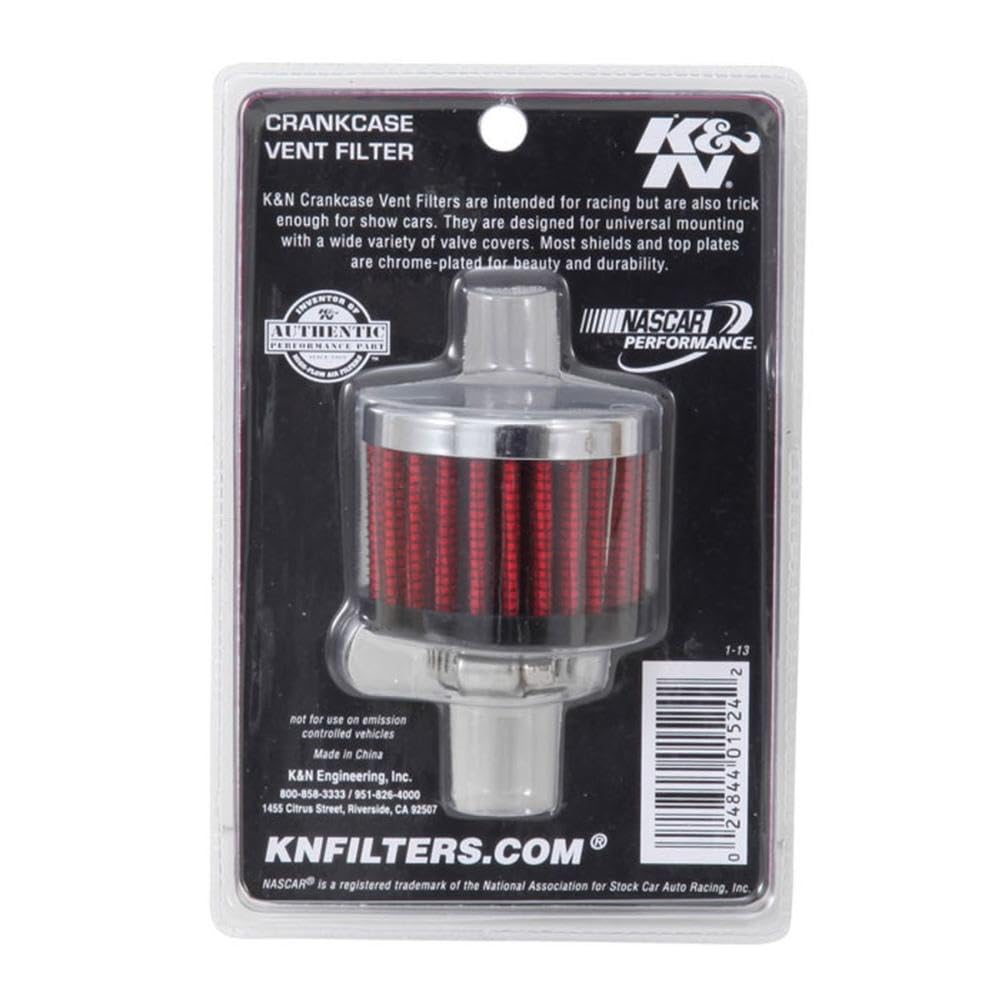 K&N Air Filter/Breather Vent: High Performance, Premium, Washable, Replacement Engine Filter: Flange Diameter: 0.5 in, Filter Height: 1.5 in, Flange Length: 0.4375 in, Shape: Breather, 62-1330
