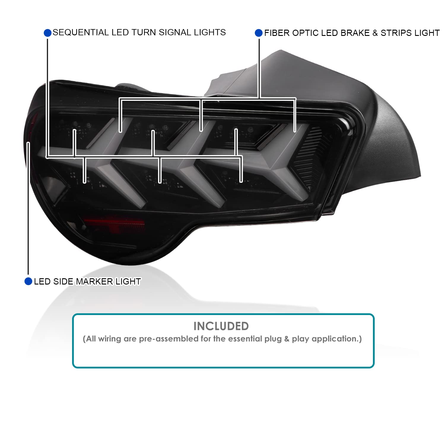 Black Smoke LED Tail Lights+Sequential LED Signal SPEC-D TUNING Compatible with 2013-2016 Scion FR-S, 2013-2016 Subaru BRZ, Left + Right Pair Assembly