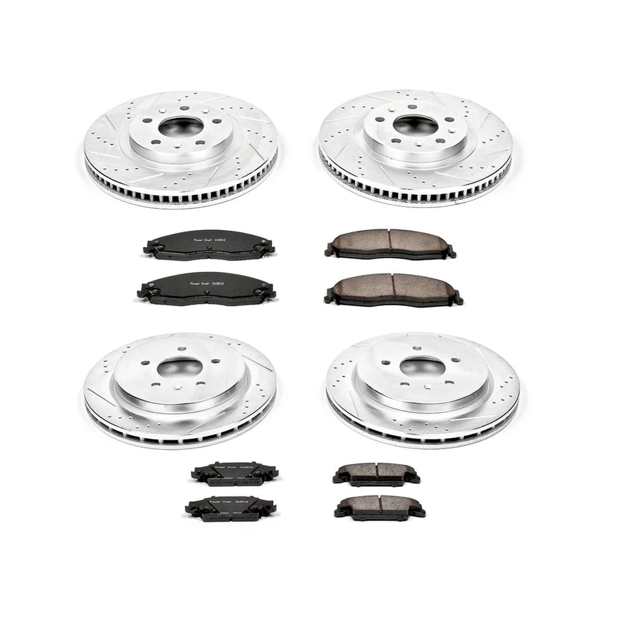 Power Stop K1420 Z23 Carbon Fiber Brake Pads Front and Rear with Drilled & Slotted Brake Rotors Kit For Cadillac CTS 2003-2007 [Model Specific]