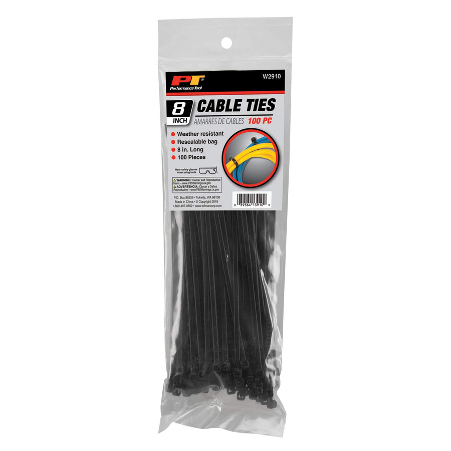 W2910 Performance Tool 100 Pc Black Cable Ties - 8-Inch Length, Tensile Strength 40 Lbs, Resealable Bag for Organization & Storage of Wires and Cables