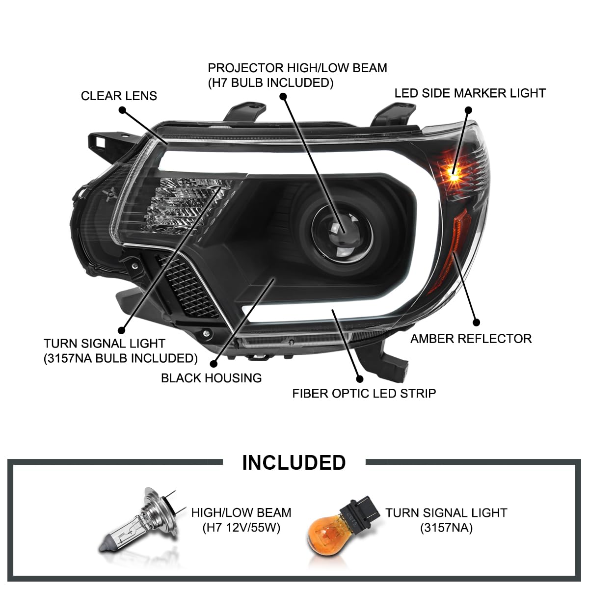 Black Projector Headlights w/LED Bar SPEC-D TUNING Compatible with 2012-2015 Toyota Tacoma, Left + Right Head Lights Assembly