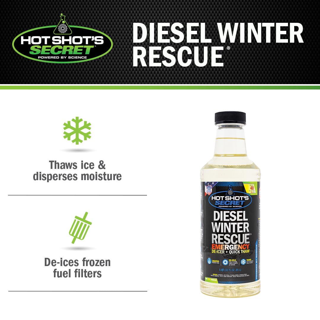Diesel Winter Rescue Hot Shot's Secret Emergency De-icer & Quick Thaw 1 Quart Bottle, Diesel Anti-Gel Fuel Additive Disperses Moisture & De-ices Fuel in Filters, Lines, Pumps & Tank